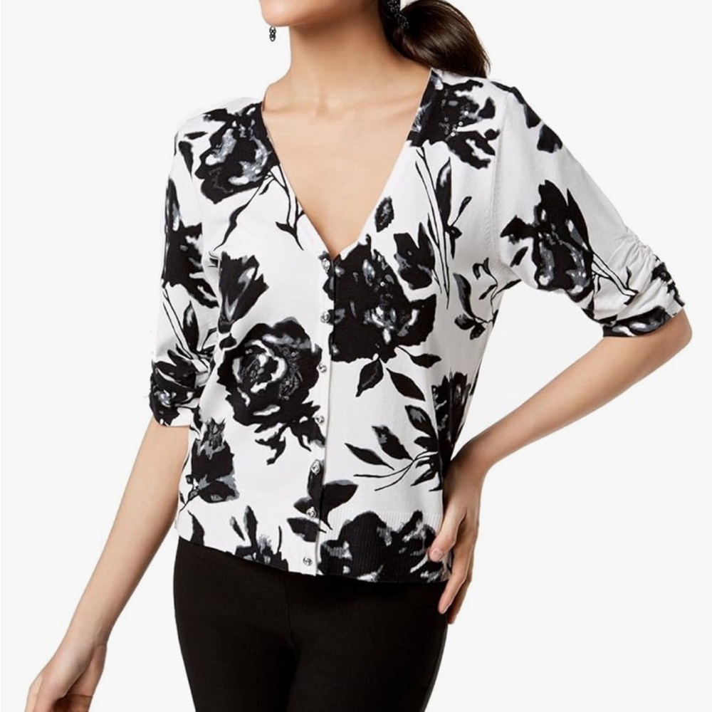 INC Womens White Ruched Elbow Sleeve Cardigan V Neck Button Up Sweater - large